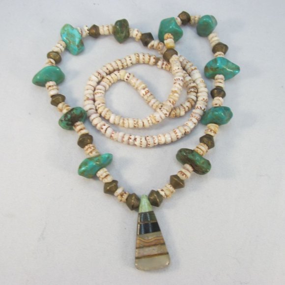 Southwestern Turquoise Nugget Brass Shell Pendant Necklace - Picture 1 of 16